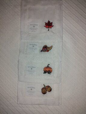 SFERRA COCKTAIL NAPKINS FOUR EMBROIDEED ON WHITE 100% LINEN 6x6 AUTUMN THEME NWT